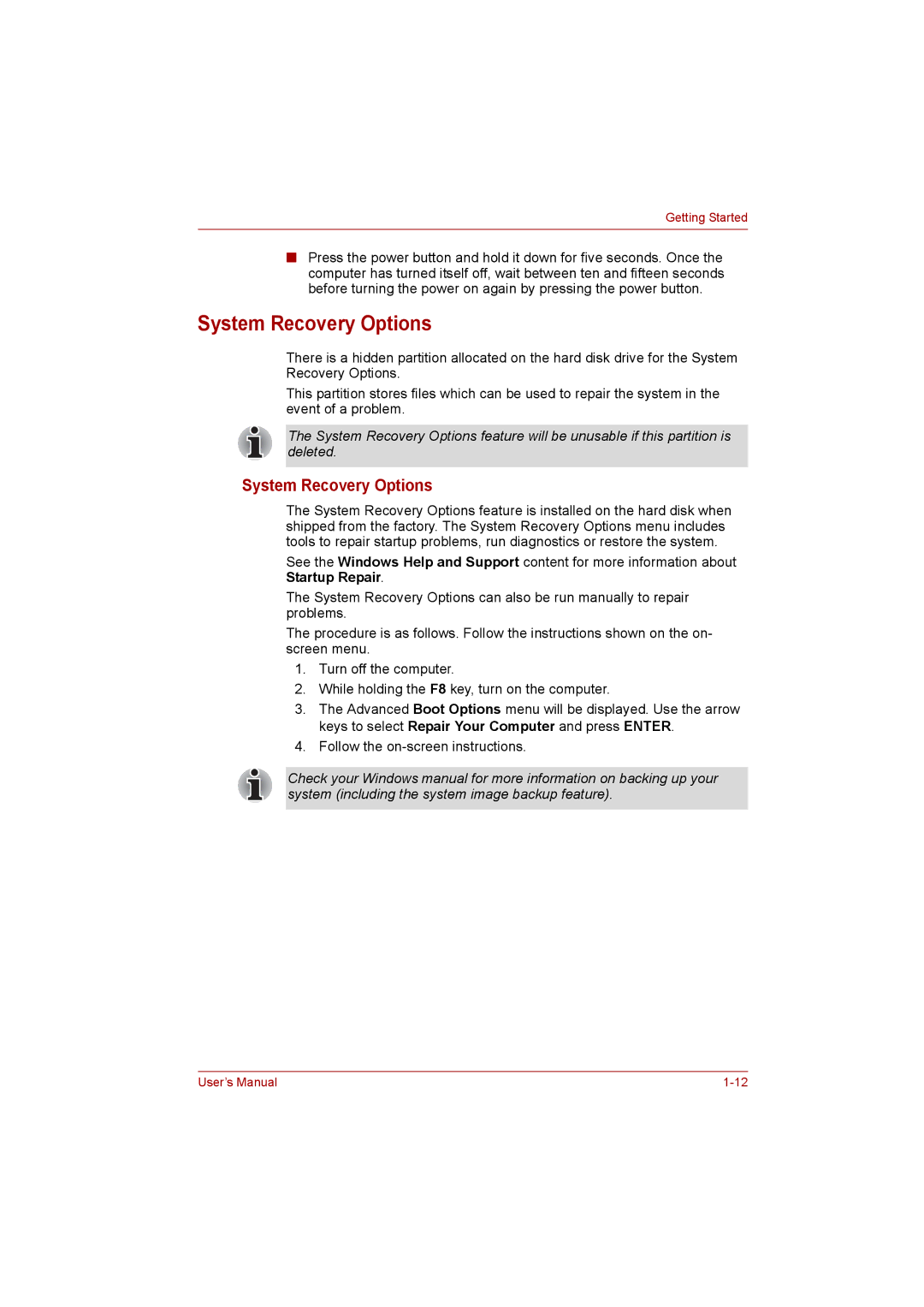 Toshiba C650D user manual System Recovery Options 