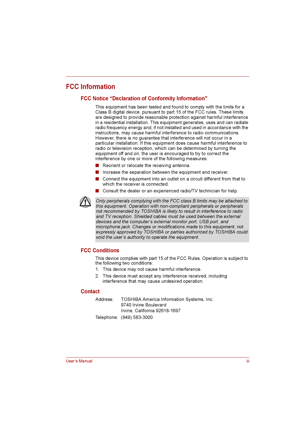 Toshiba C650D user manual FCC Information, FCC Notice Declaration of Conformity Information, FCC Conditions, Contact 