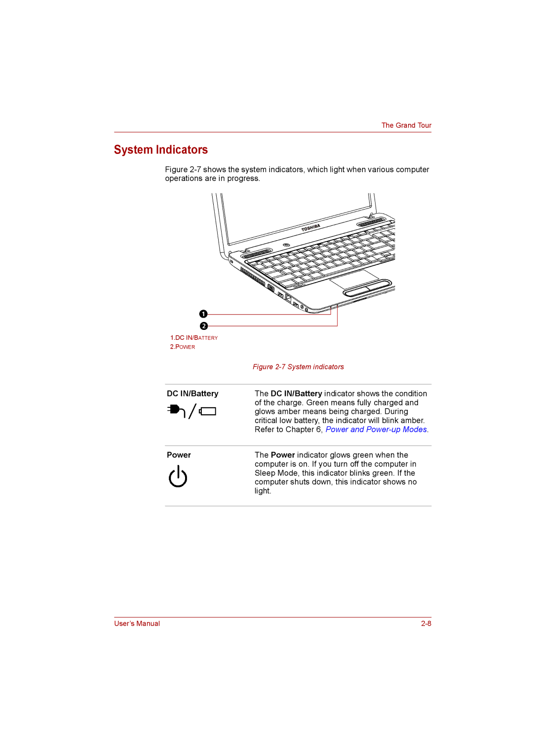 Toshiba C650D user manual System Indicators, DC IN/Battery, Power 