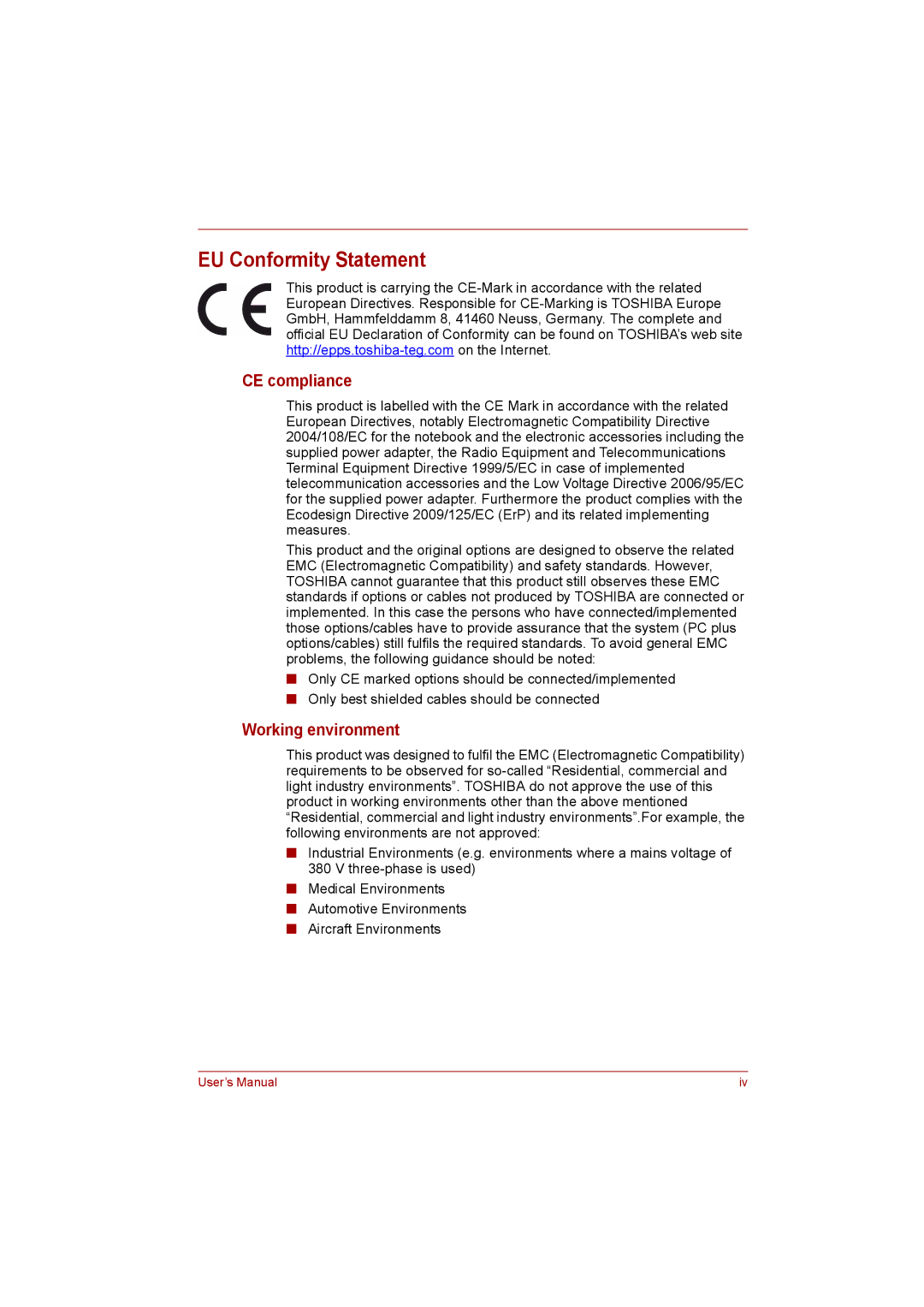 Toshiba C650D user manual EU Conformity Statement, CE compliance, Working environment 