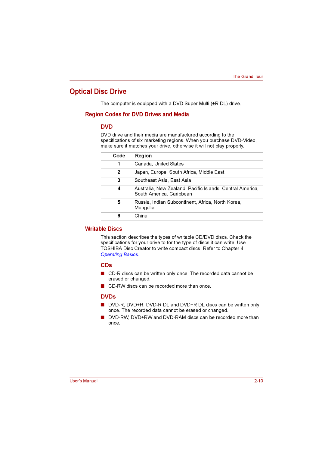 Toshiba C650D user manual Optical Disc Drive, Region Codes for DVD Drives and Media, Writable Discs, CDs, DVDs 
