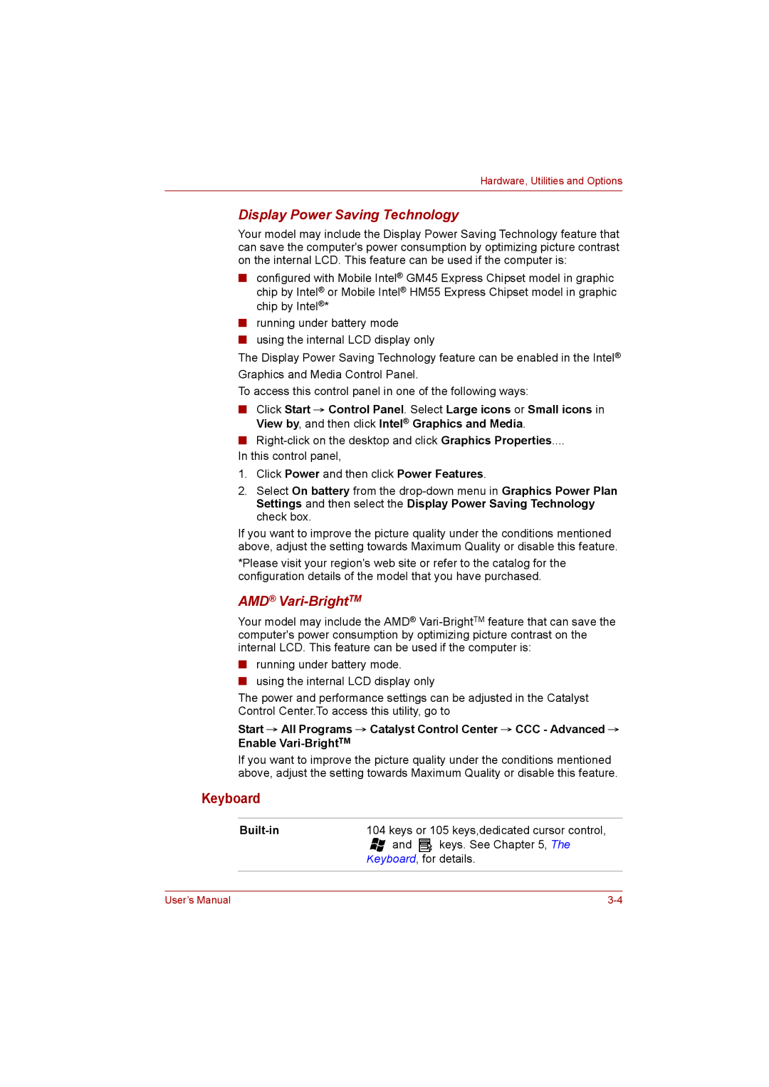 Toshiba C650D user manual Keyboard, Built-in 