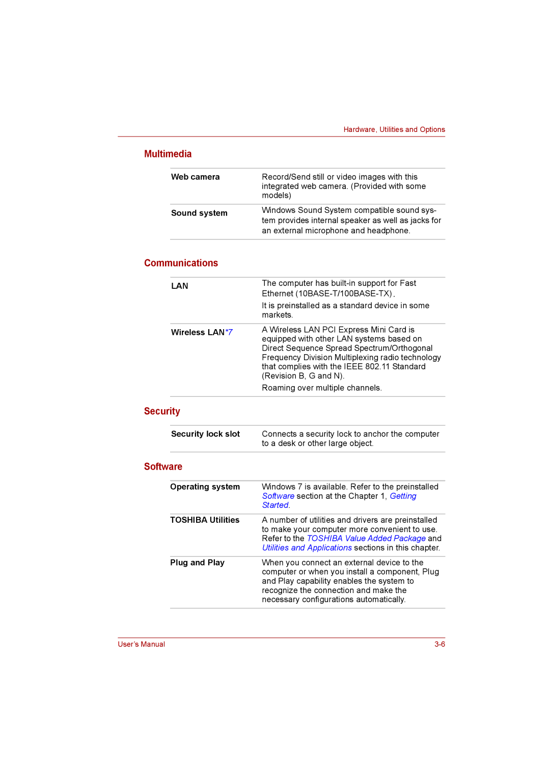 Toshiba C650D user manual Multimedia, Communications, Security 