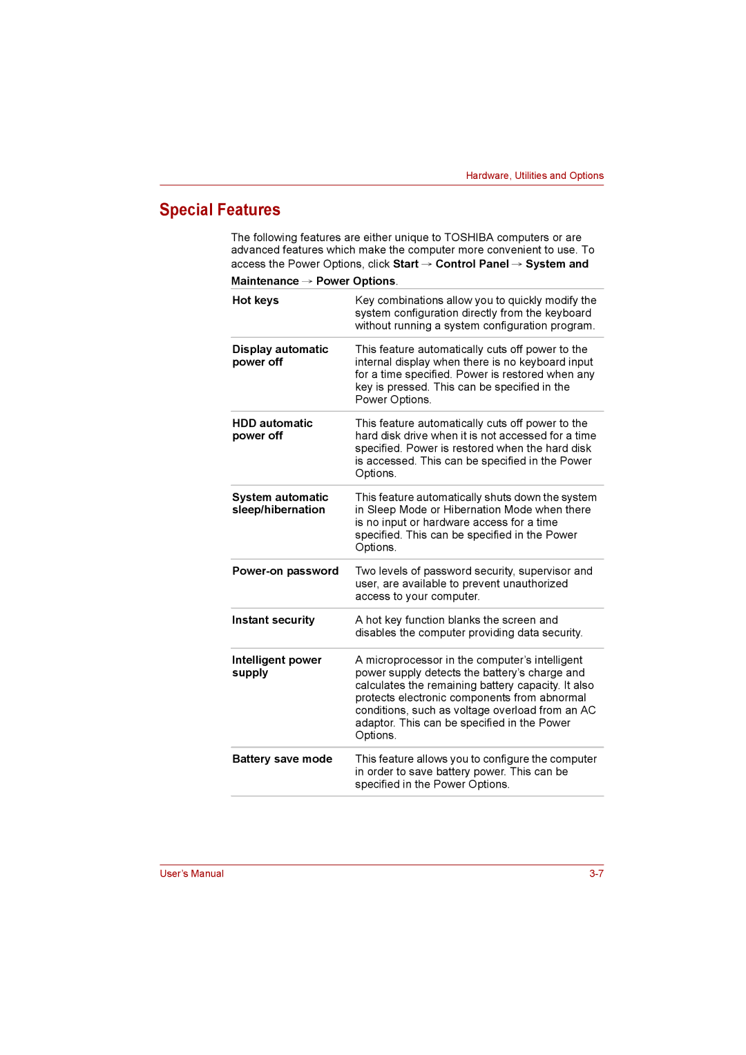 Toshiba C650D user manual Special Features 