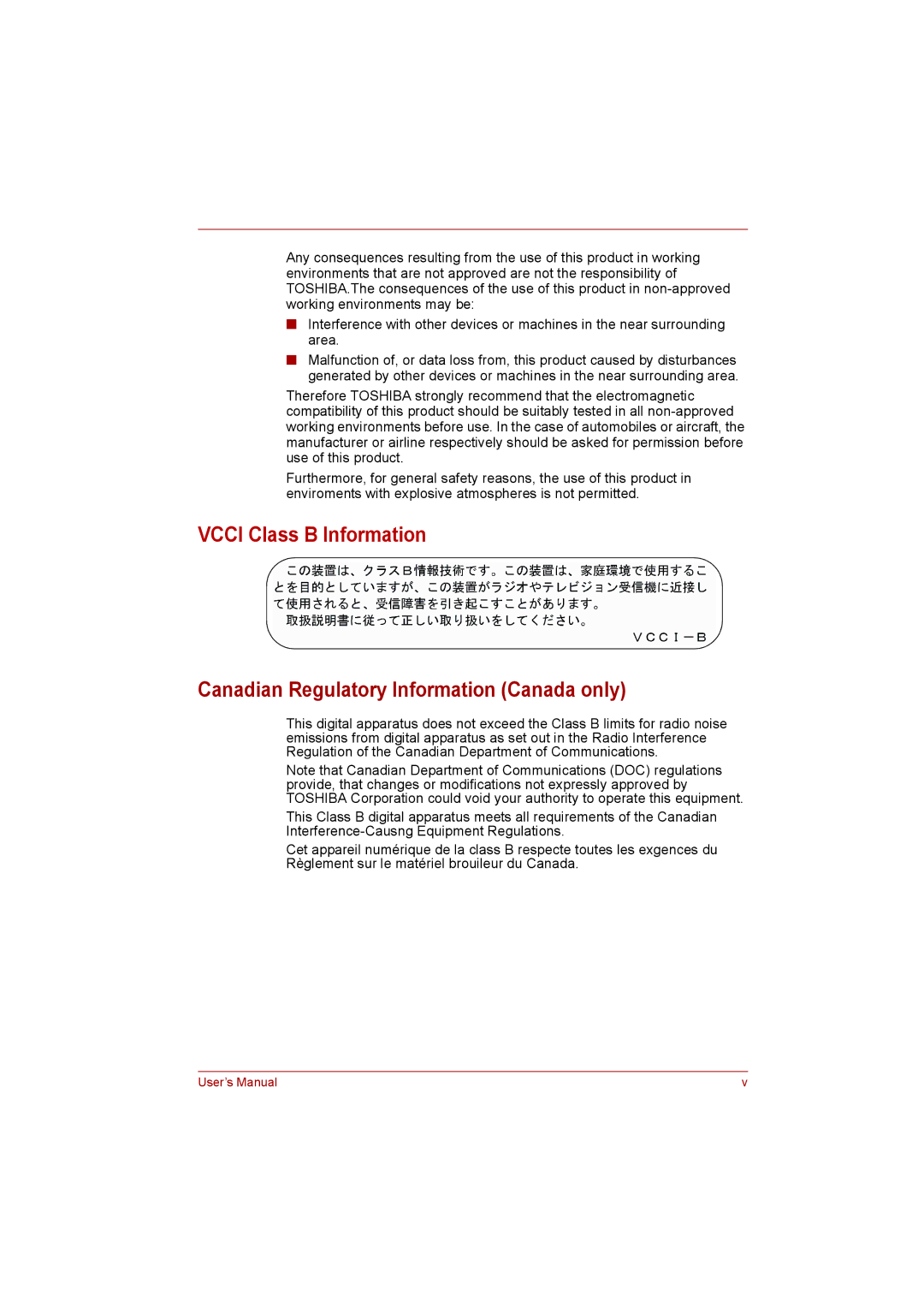 Toshiba C650D user manual Vcci Class B Information, Canadian Regulatory Information Canada only 