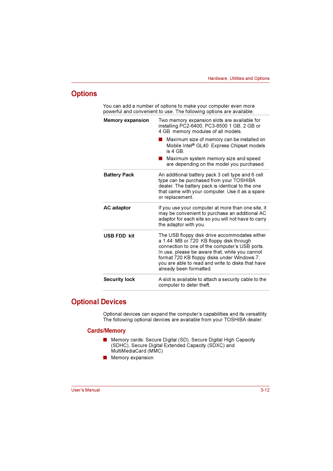 Toshiba C650D user manual Options, Optional Devices, Cards/Memory 