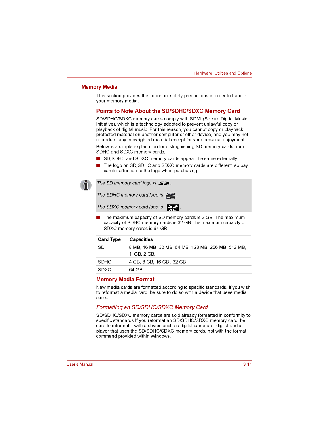 Toshiba C650D user manual Points to Note About the SD/SDHC/SDXC Memory Card, Memory Media Format, Card Type Capacities 