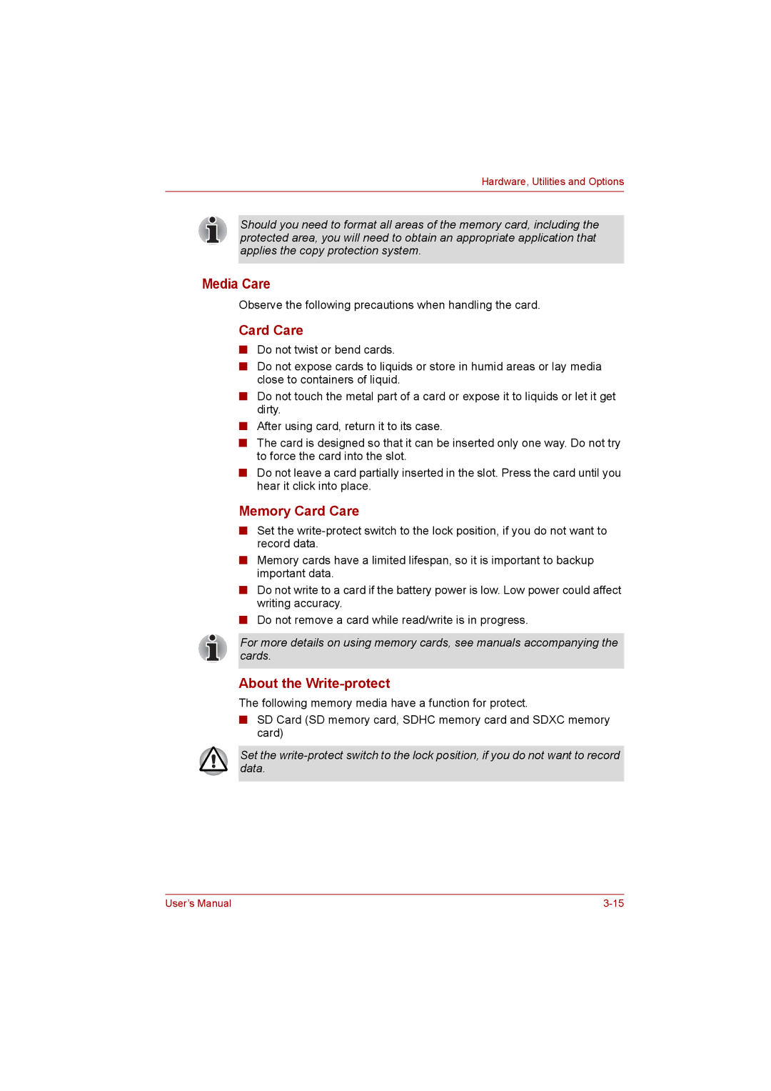 Toshiba C650D user manual Media Care, Memory Card Care, About the Write-protect 