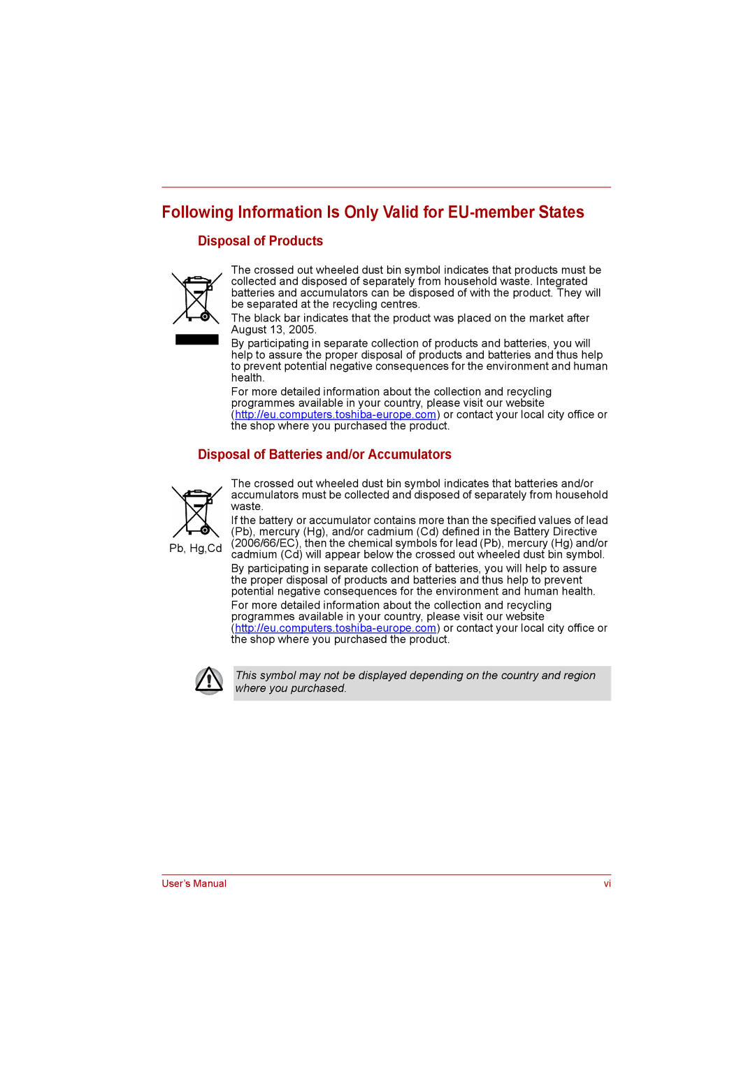 Toshiba C650D user manual Following Information Is Only Valid for EU-member States, Disposal of Products 