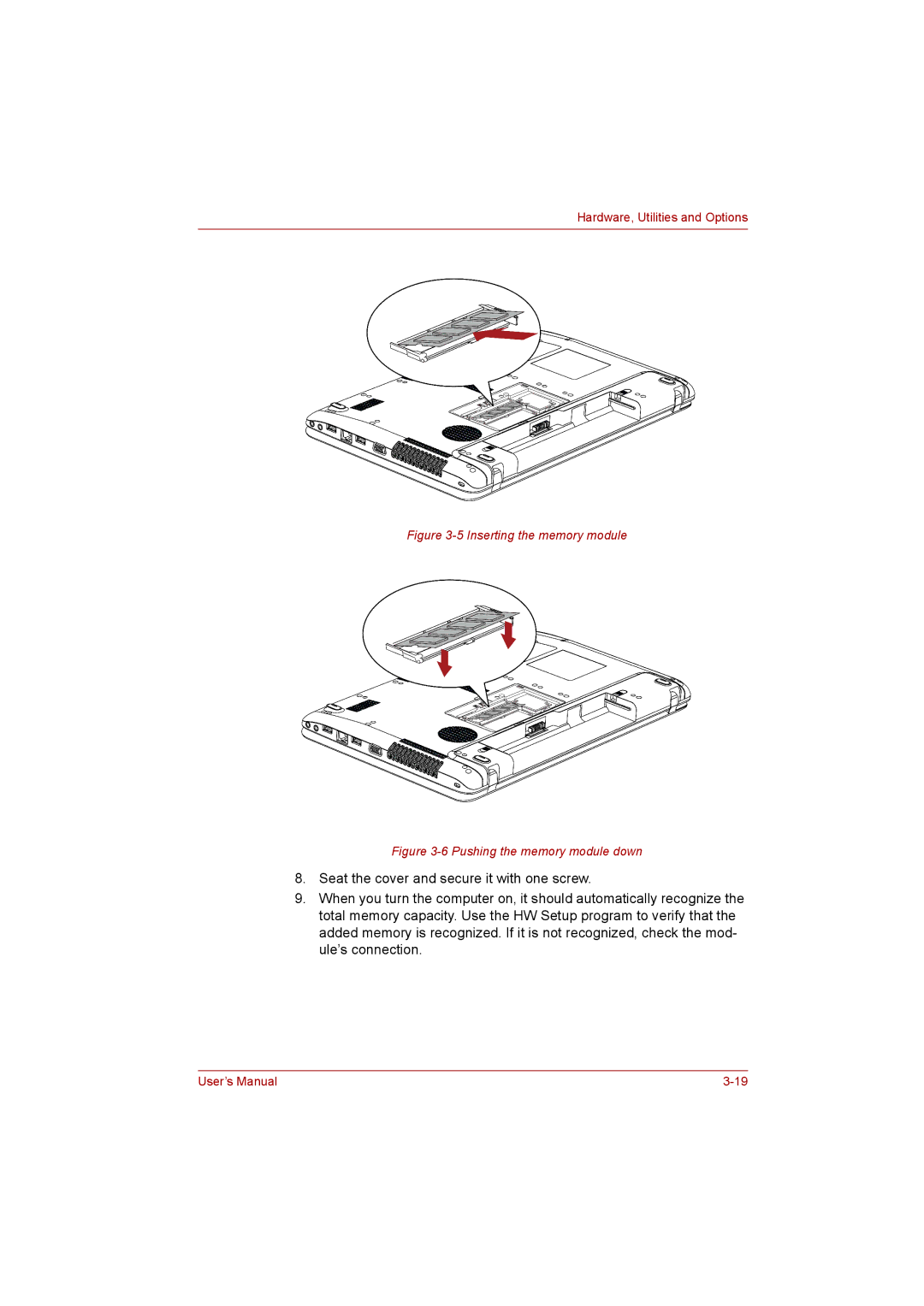 Toshiba C650D user manual Inserting the memory module 