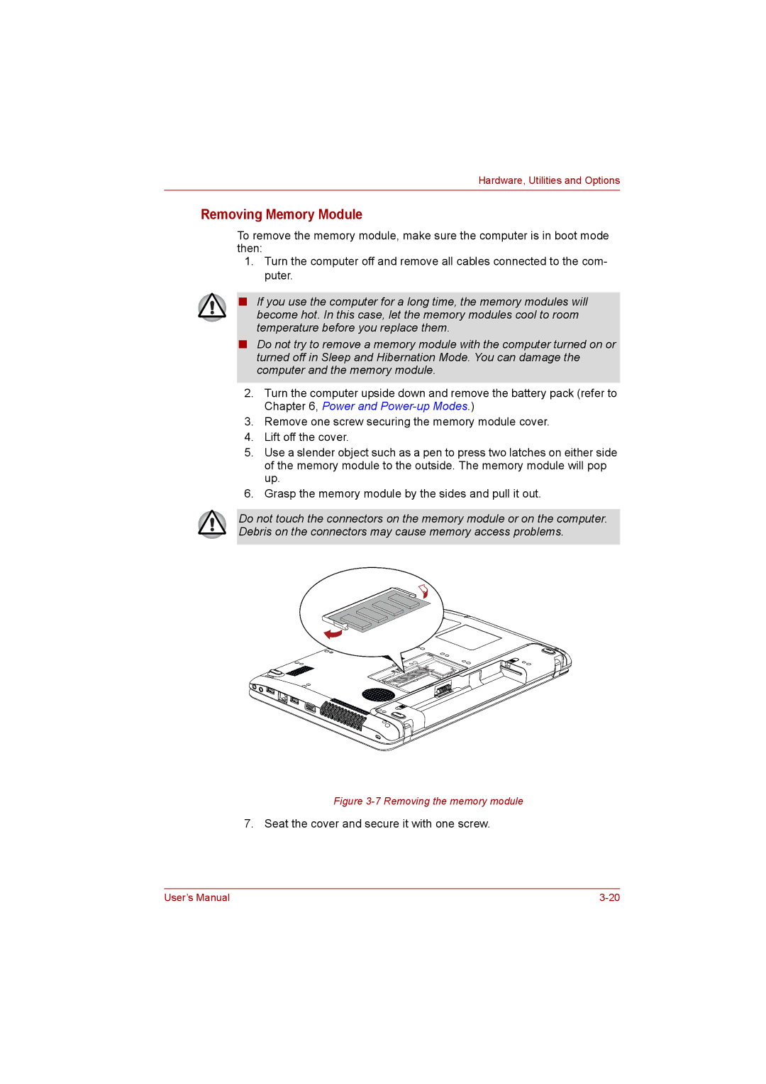 Toshiba C650D user manual Removing Memory Module, Removing the memory module 