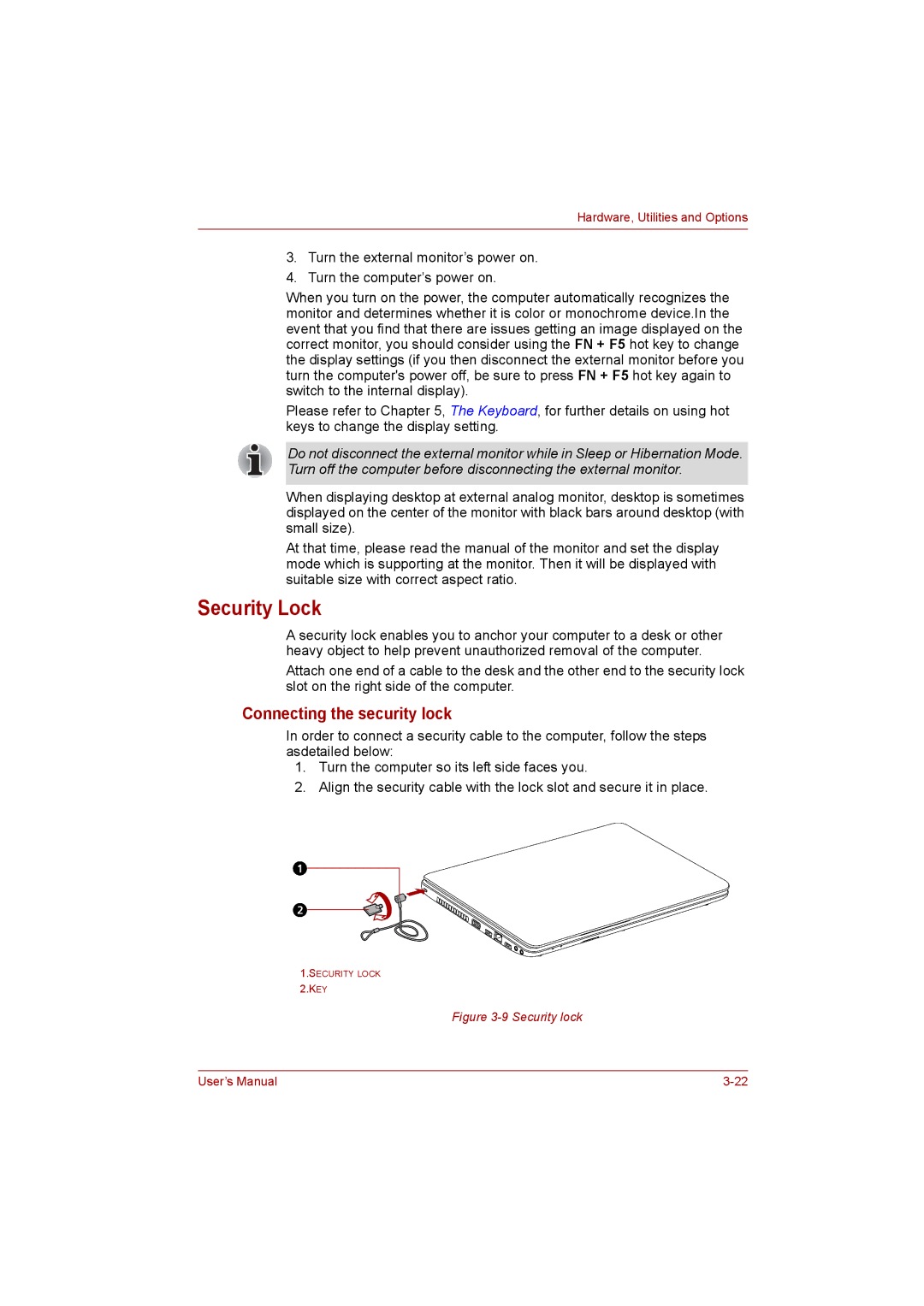 Toshiba C650D user manual Security Lock, Connecting the security lock 