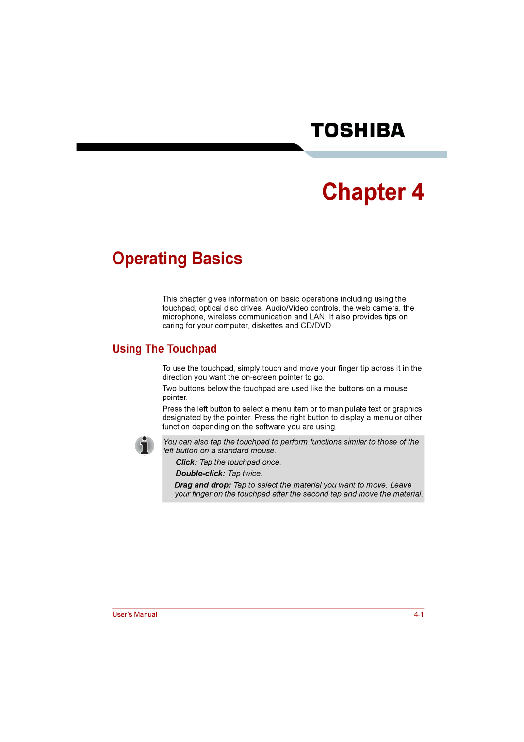 Toshiba C650D user manual Operating Basics, Using The Touchpad 