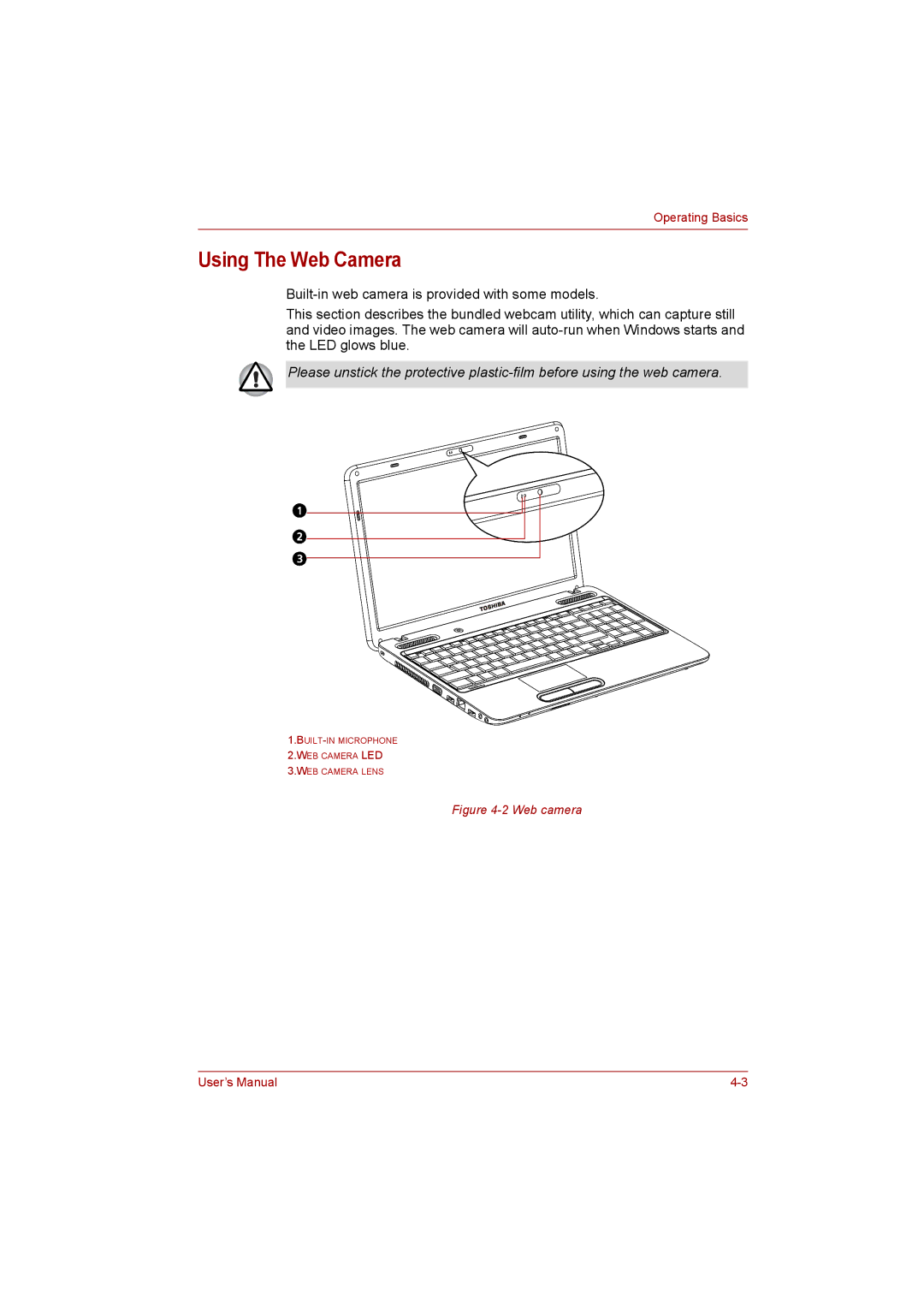 Toshiba C650D user manual Using The Web Camera, Web camera 