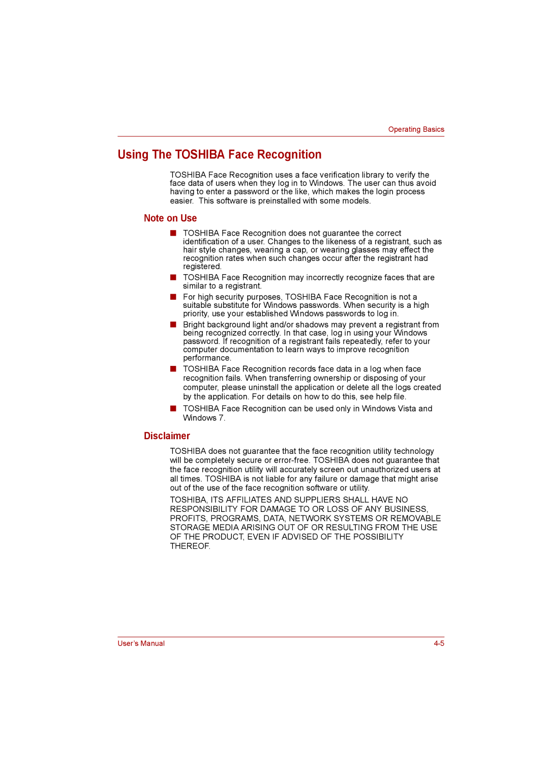 Toshiba C650D user manual Using The Toshiba Face Recognition, Disclaimer 