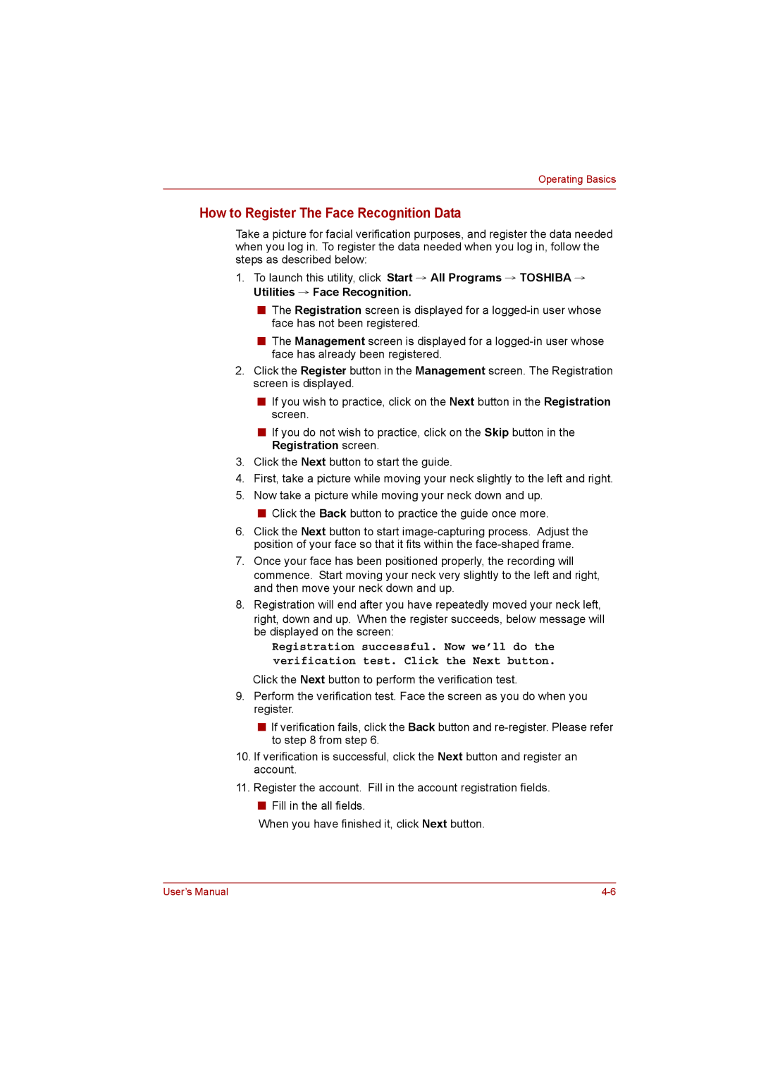 Toshiba C650D user manual How to Register The Face Recognition Data 