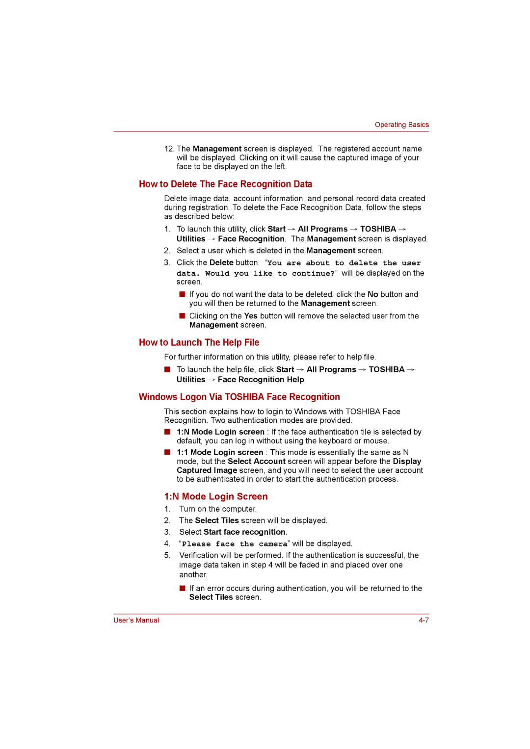Toshiba C650D user manual How to Delete The Face Recognition Data, How to Launch The Help File, 1N Mode Login Screen 