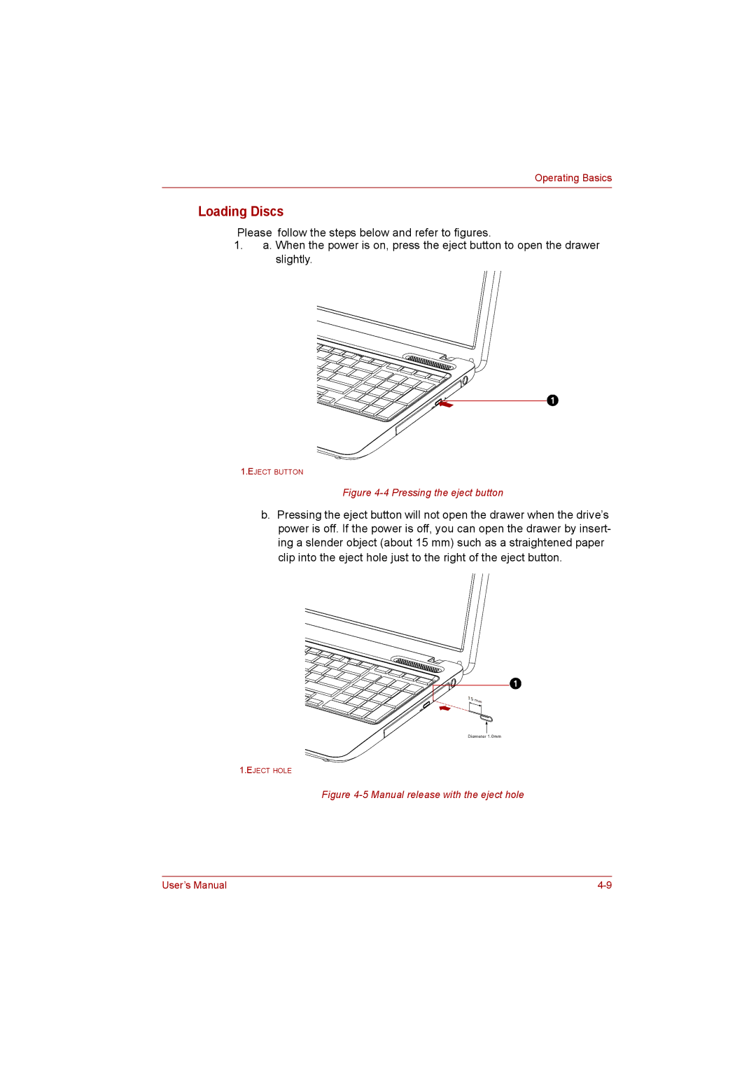 Toshiba C650D user manual Loading Discs, Pressing the eject button 