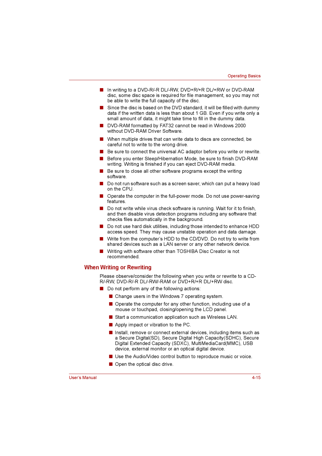 Toshiba C650D user manual When Writing or Rewriting 