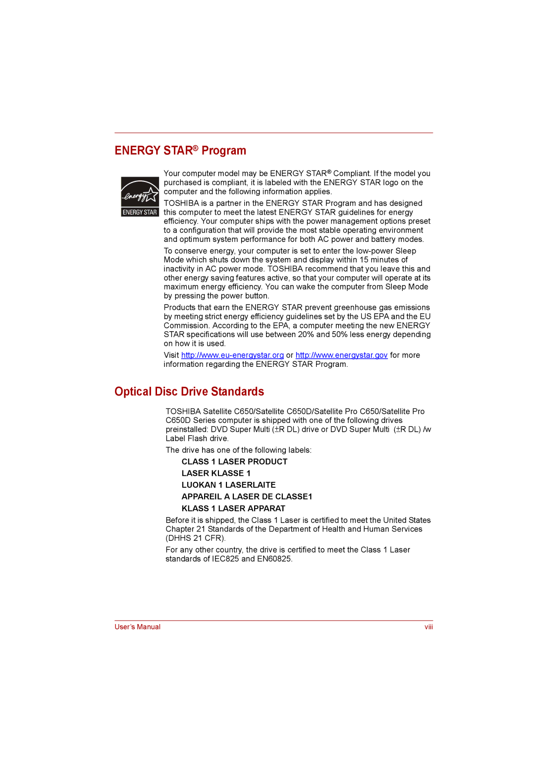 Toshiba C650D user manual Energy Star Program, Optical Disc Drive Standards 