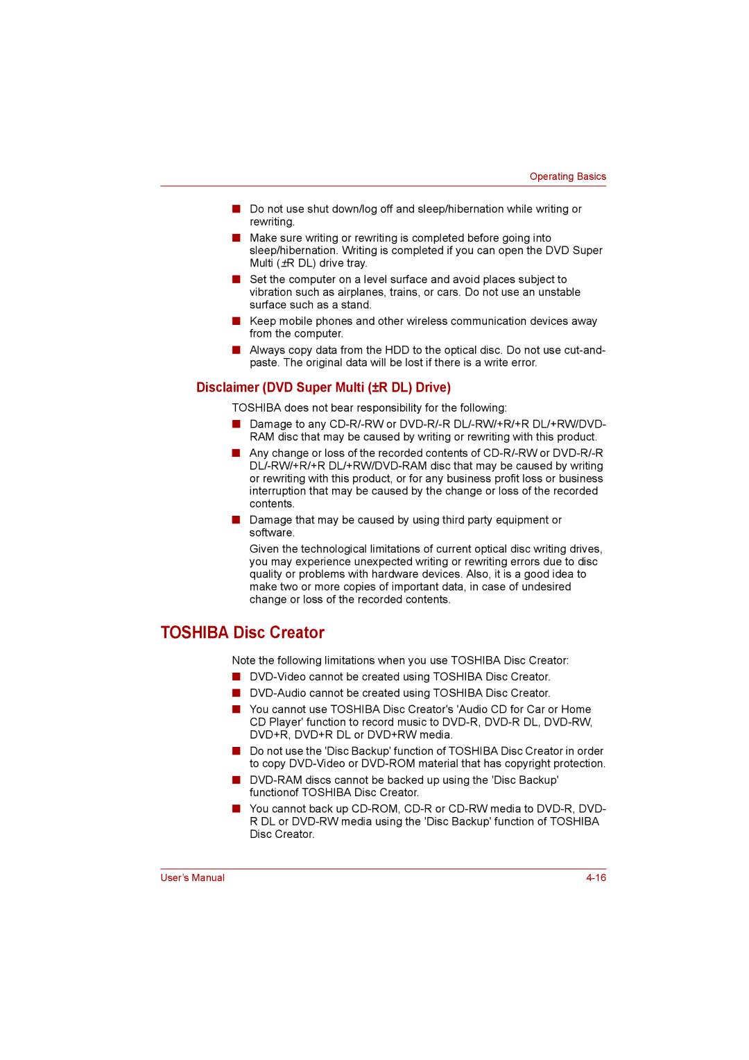 Toshiba C650D user manual Toshiba Disc Creator, Disclaimer DVD Super Multi ±R DL Drive 