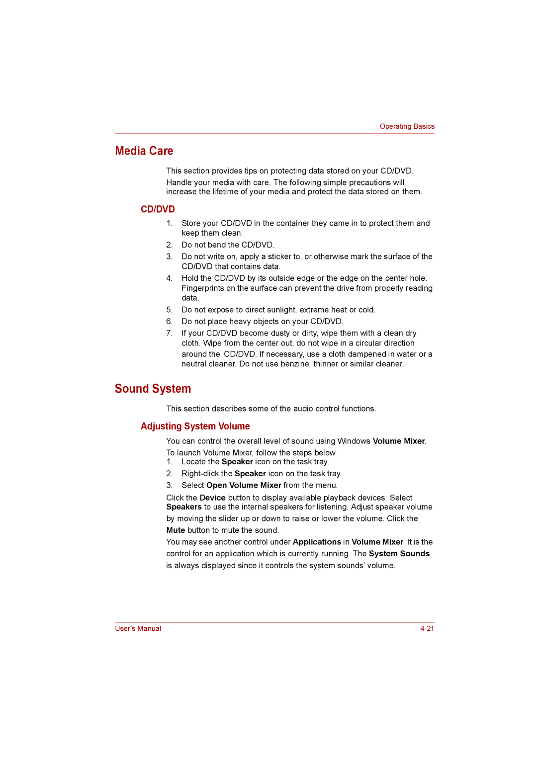 Toshiba C650D user manual Media Care, Sound System, Adjusting System Volume 