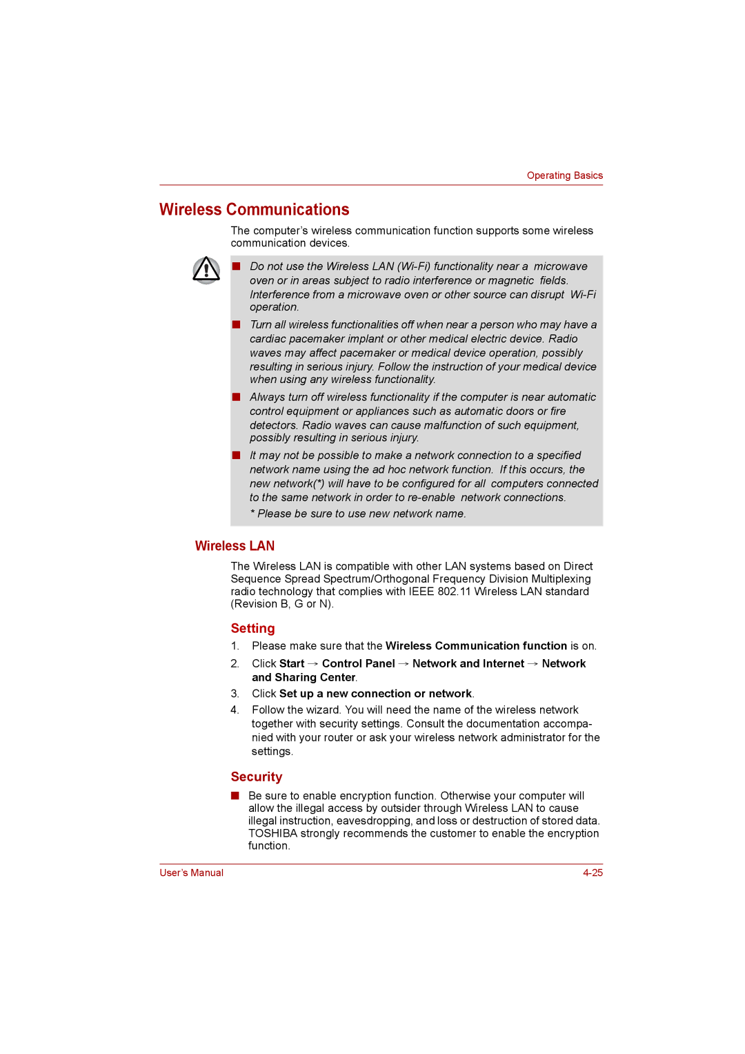 Toshiba C650D user manual Wireless Communications, Wireless LAN, Security 