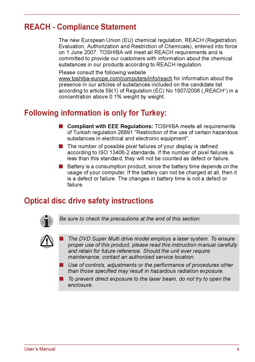 Toshiba C650 Reach Compliance Statement, Following information is only for Turkey, Optical disc drive safety instructions 