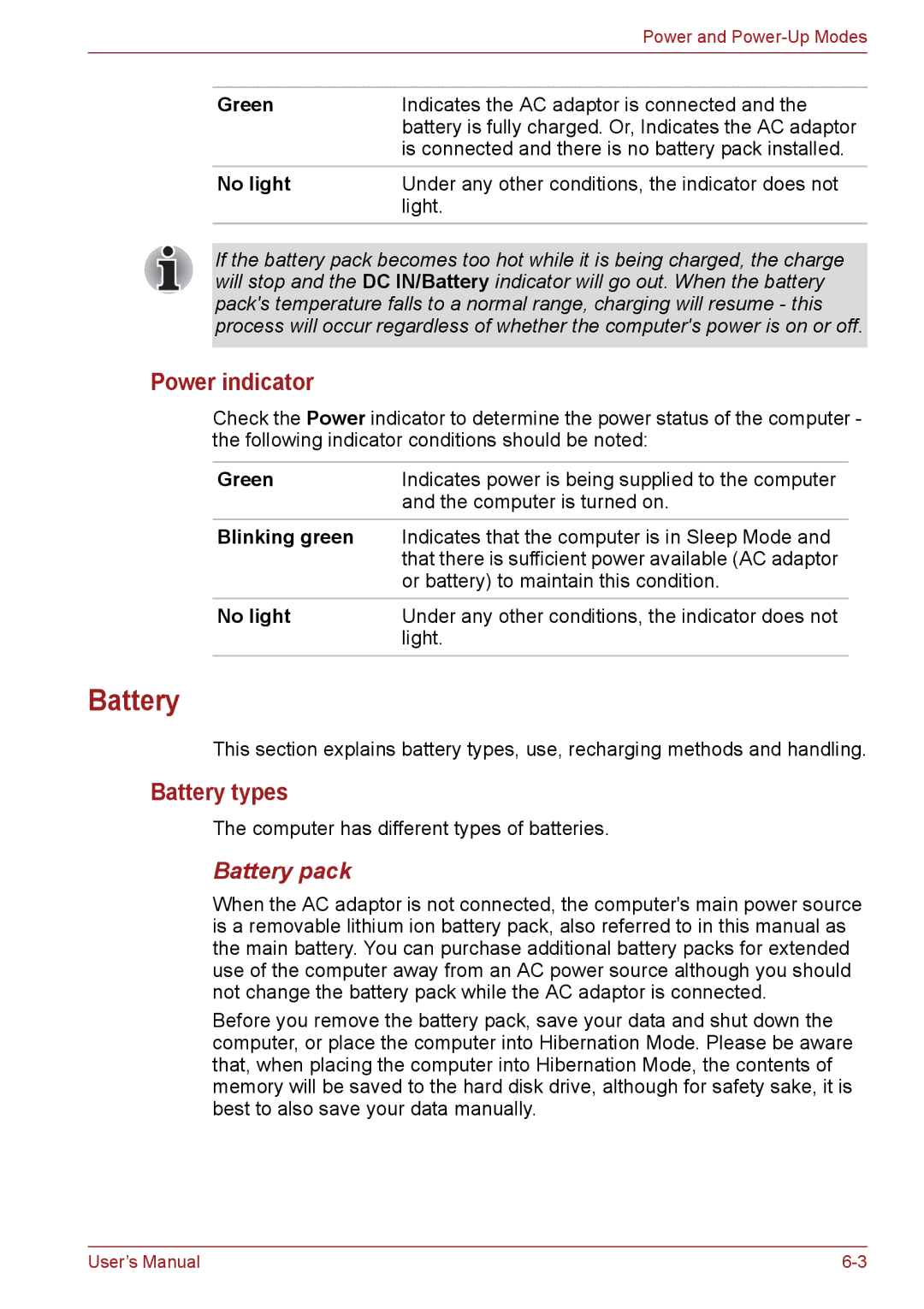 Toshiba C66, C655, C650 user manual Power indicator, Battery types, Battery pack 