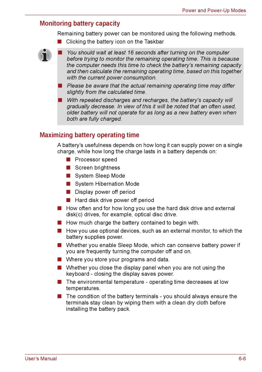 Toshiba C66, C655, C650 user manual Monitoring battery capacity, Maximizing battery operating time 