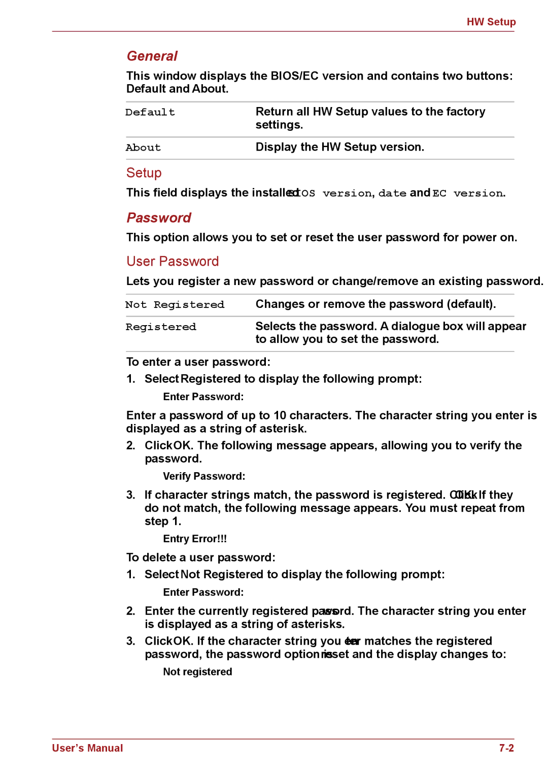 Toshiba C655, C650, C66 user manual General, Password 