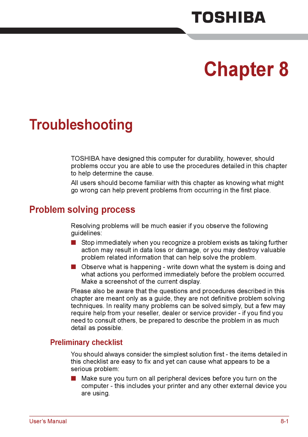 Toshiba C650, C655, C66 user manual Troubleshooting, Problem solving process, Preliminary checklist 