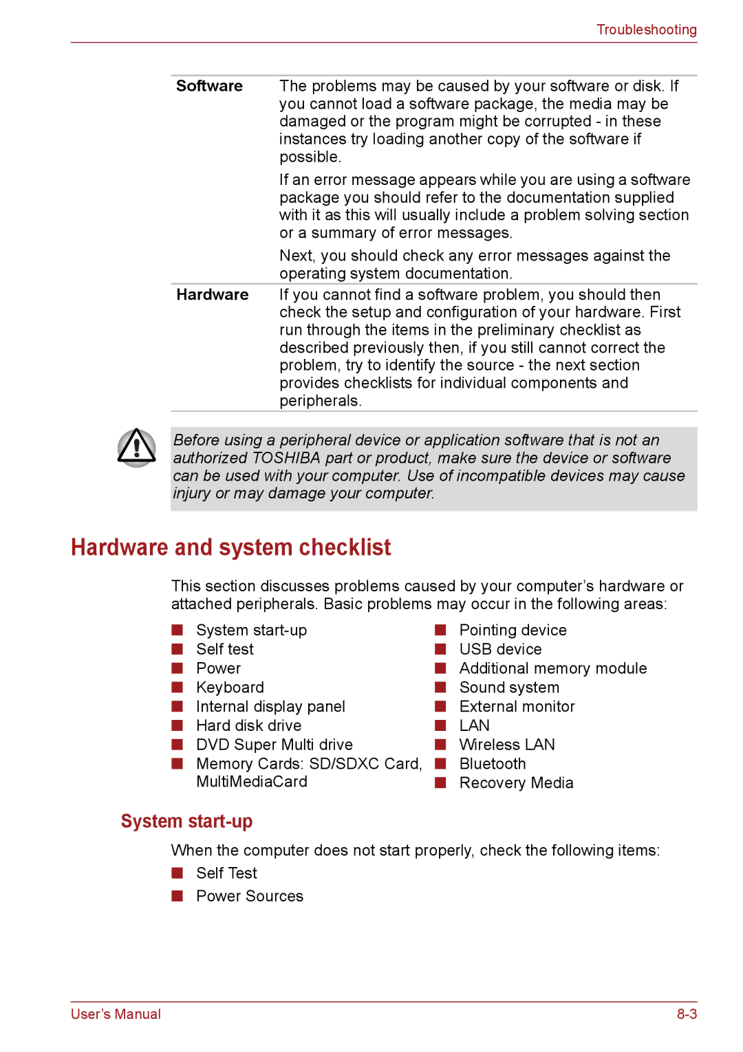 Toshiba C655, C650, C66 user manual Hardware and system checklist, System start-up 