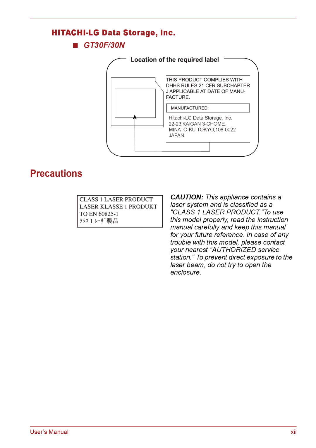 Toshiba C655, C650, C66 user manual Precautions, HITACHI-LG Data Storage, Inc, GT30F/30N 