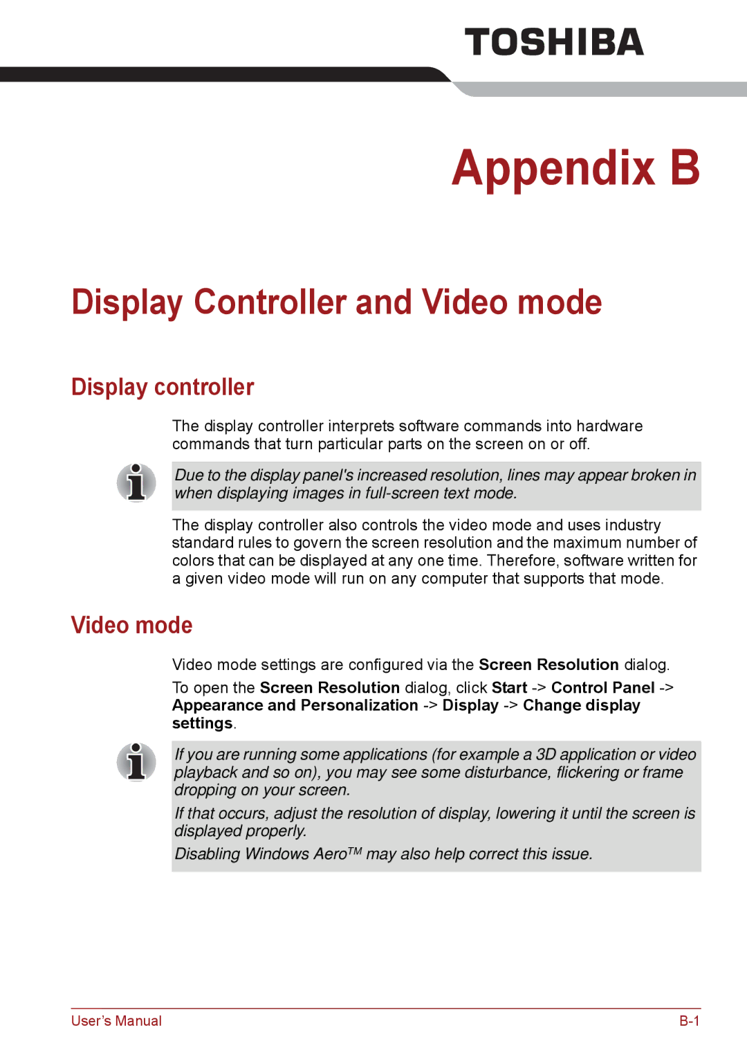 Toshiba C655, C650, C66 user manual Display Controller and Video mode, Display controller 