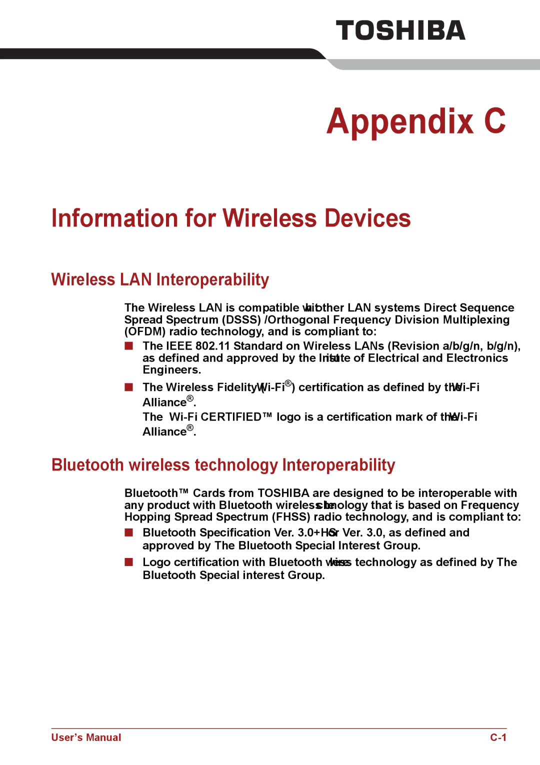 Toshiba C650, C655, C66 user manual Information for Wireless Devices, Wireless LAN Interoperability, Alliance 