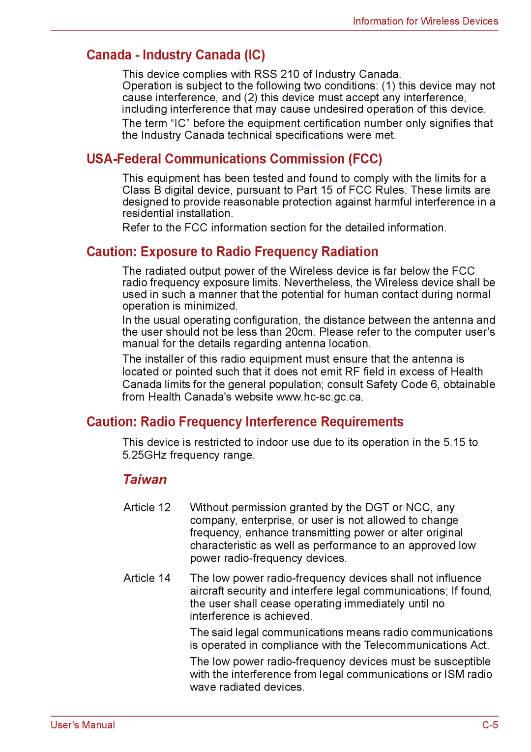 Toshiba C66, C655, C650 user manual Canada Industry Canada IC, USA-Federal Communications Commission FCC, Taiwan 