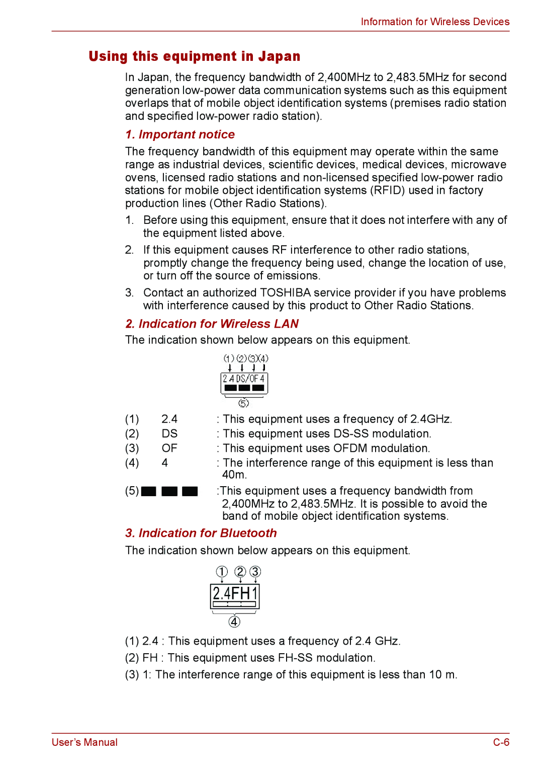 Toshiba C655, C650, C66 user manual Using this equipment in Japan, Important notice 