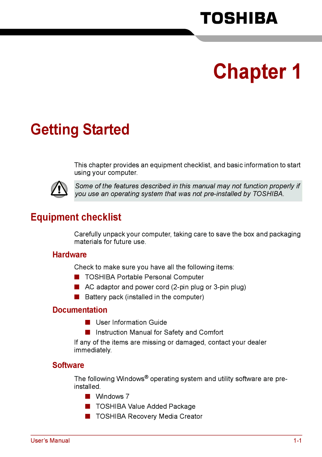 Toshiba C655, C650, C66 user manual Getting Started, Equipment checklist, Hardware, Documentation, Software 