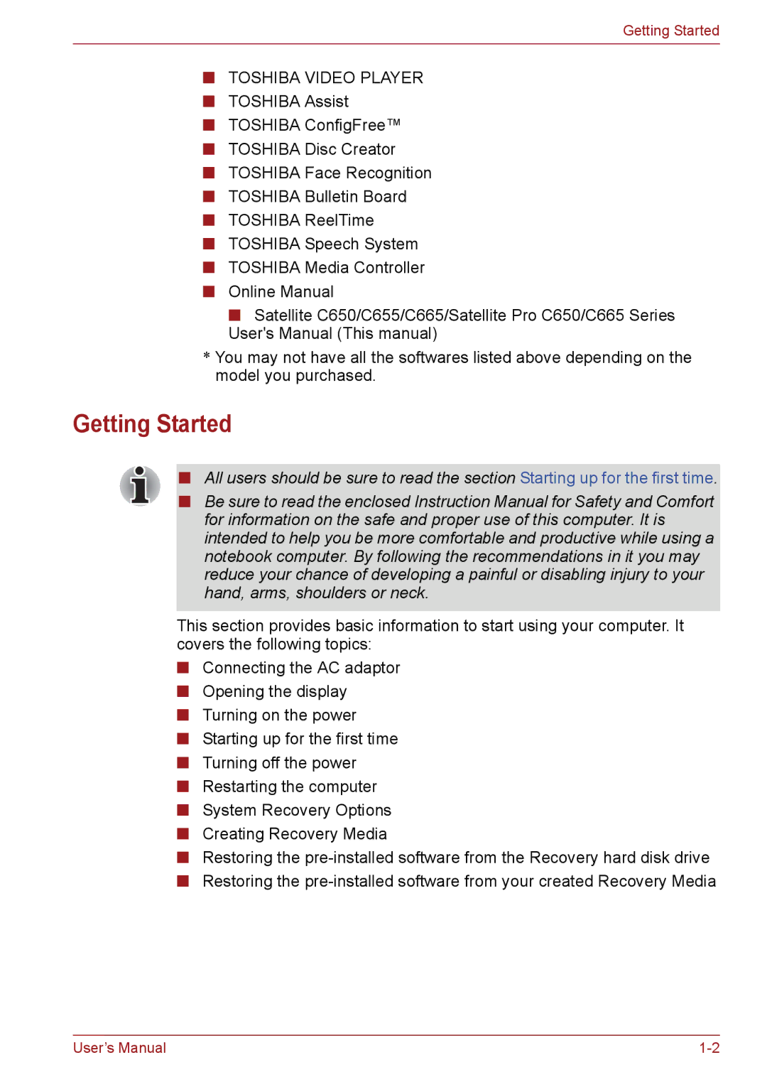 Toshiba C650, C655, C66 user manual Getting Started, Toshiba Video Player 