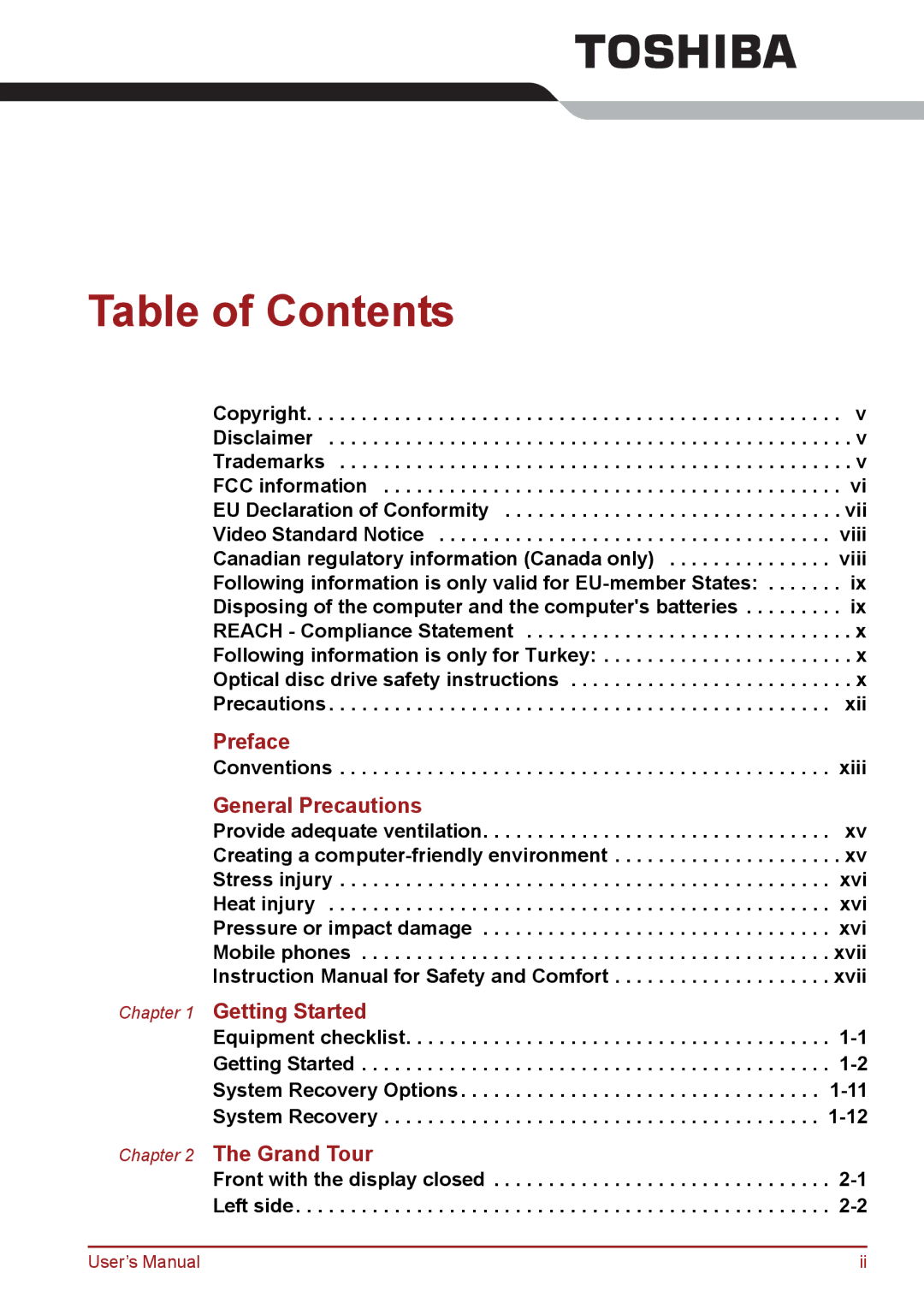 Toshiba C66, C655, C650 user manual Table of Contents 