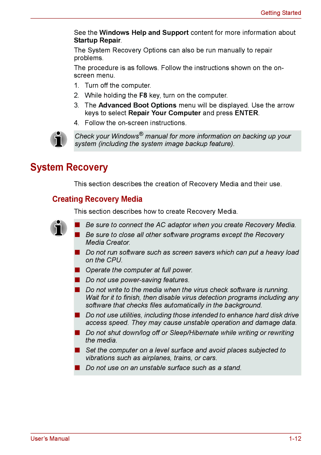 Toshiba C66, C655, C650 user manual System Recovery, Creating Recovery Media 