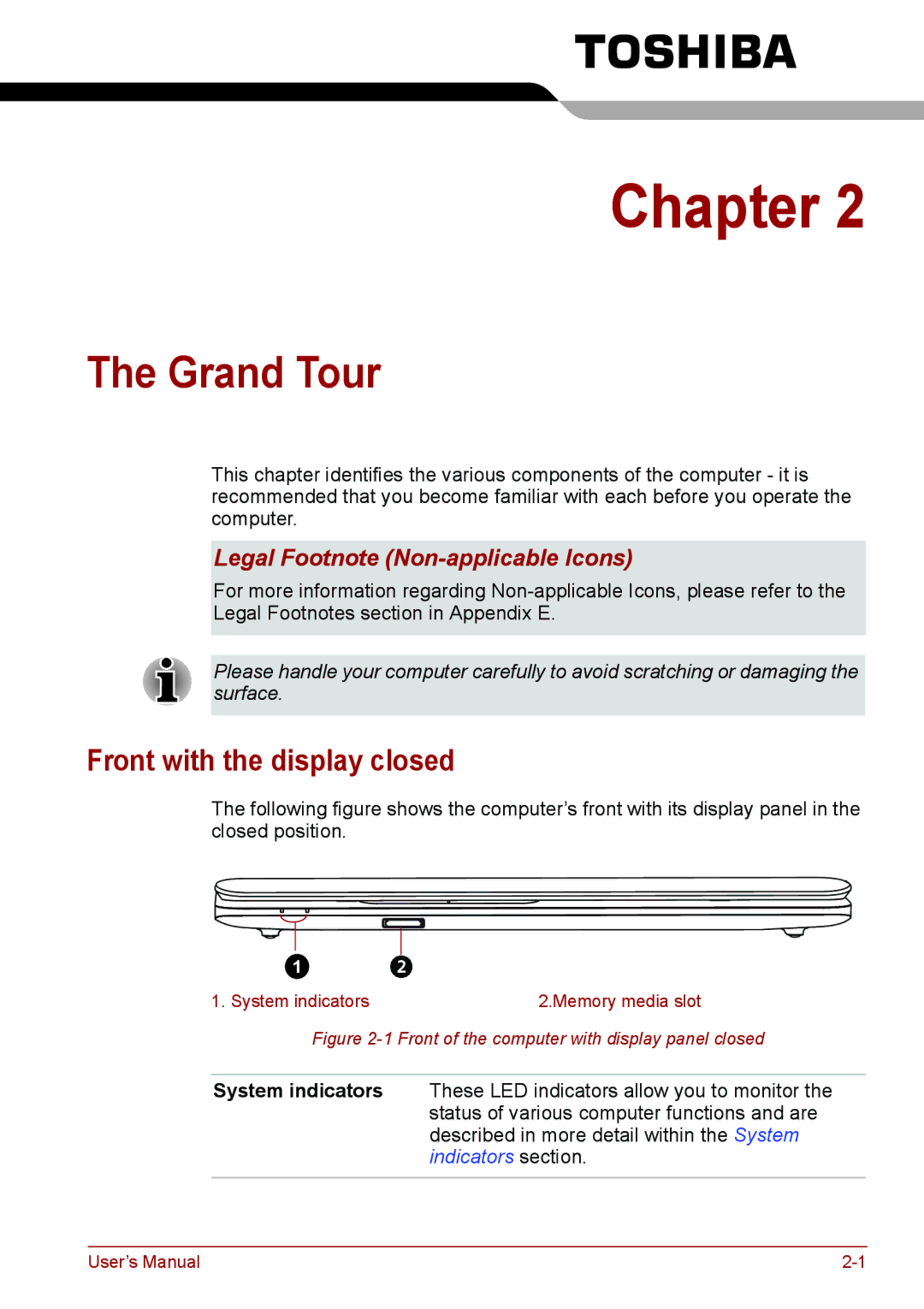 Toshiba C66, C655, C650 user manual Grand Tour, Front with the display closed, Legal Footnote Non-applicable Icons 