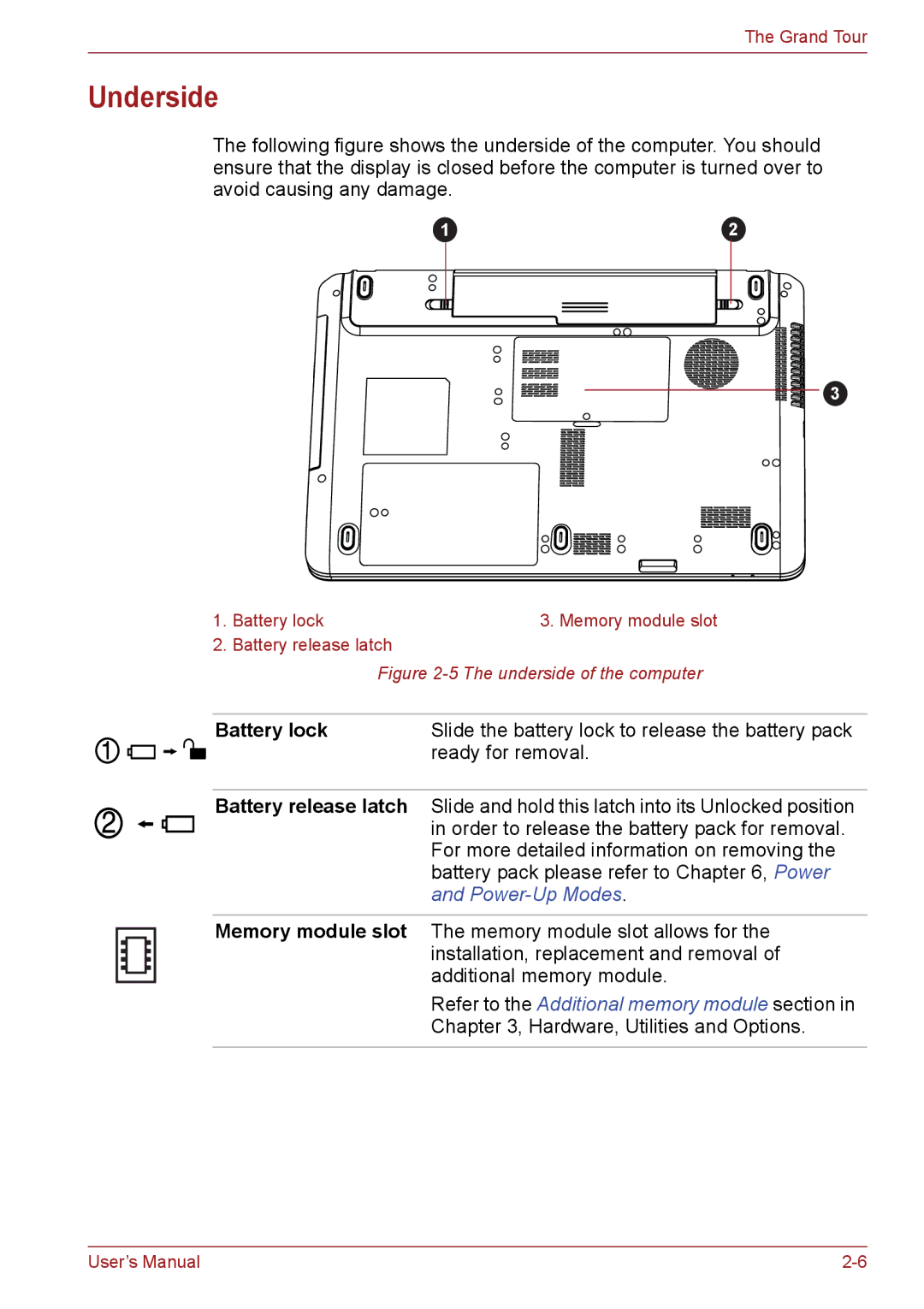 Toshiba C650, C655, C66 user manual Underside, Battery lock 