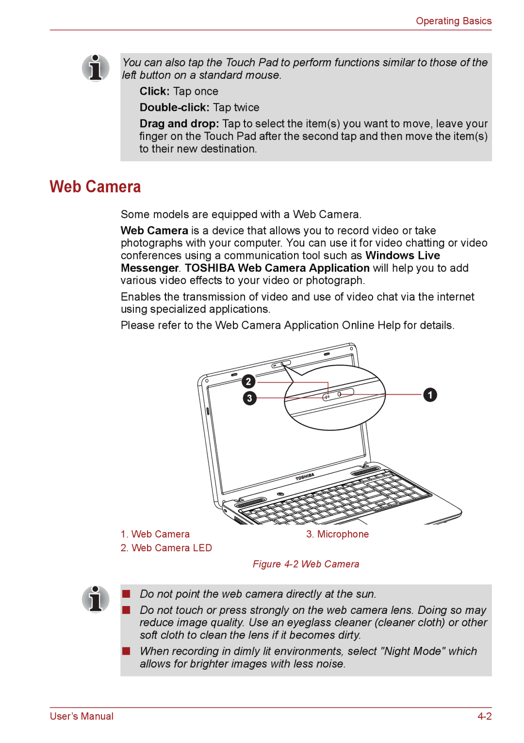 Toshiba C655, C650, C66 user manual Web Camera, Double-click Tap twice 