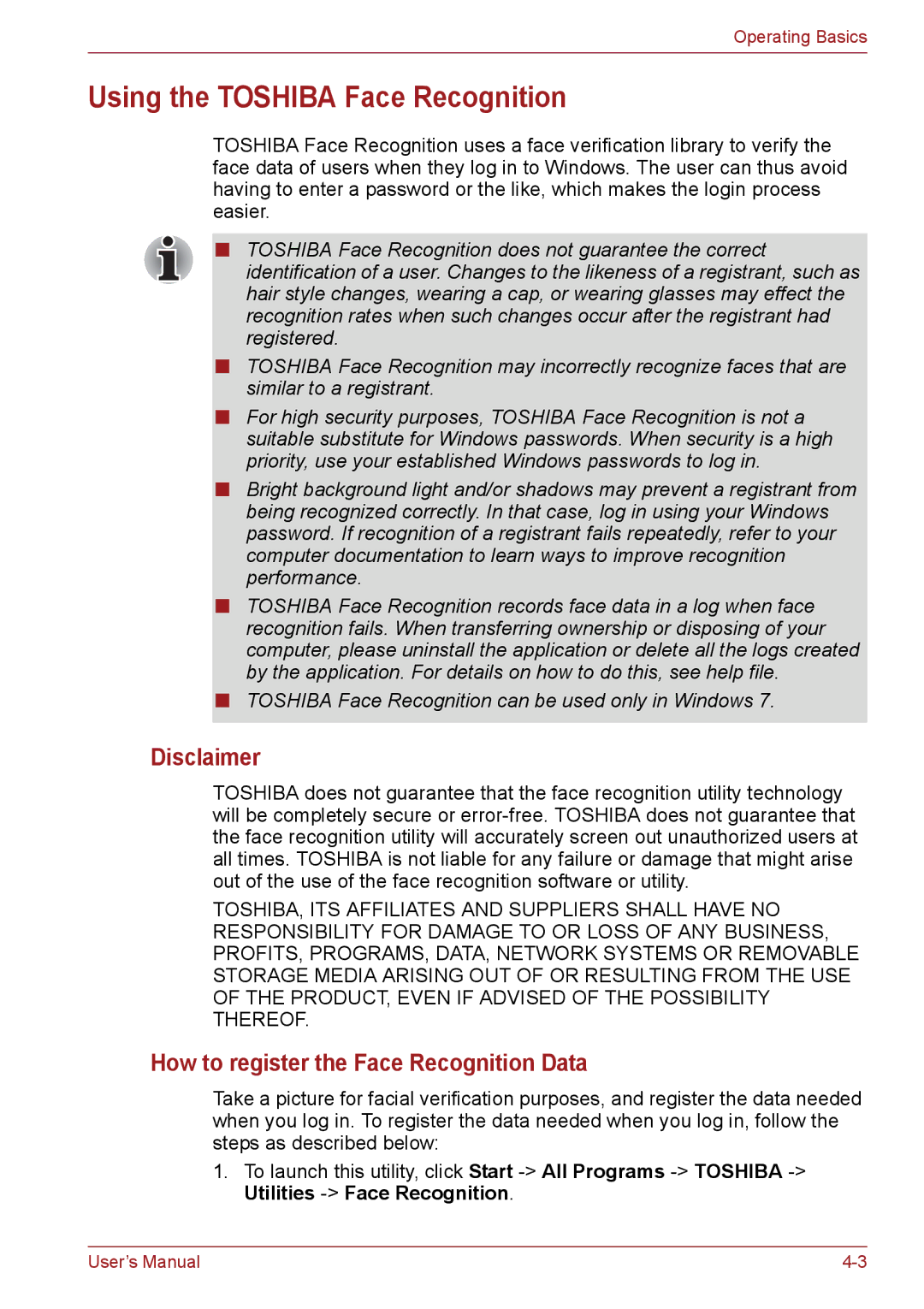 Toshiba C650, C655, C66 user manual Using the Toshiba Face Recognition, Disclaimer, How to register the Face Recognition Data 