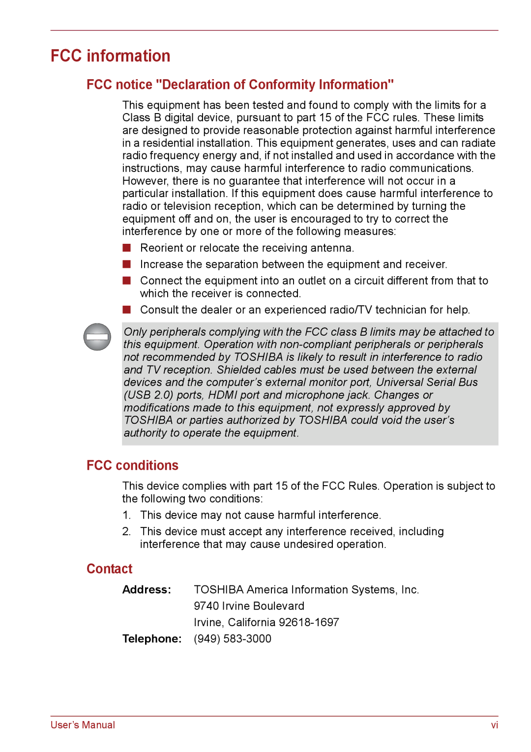 Toshiba C655, C650, C66 FCC information, FCC notice Declaration of Conformity Information, FCC conditions, Contact 