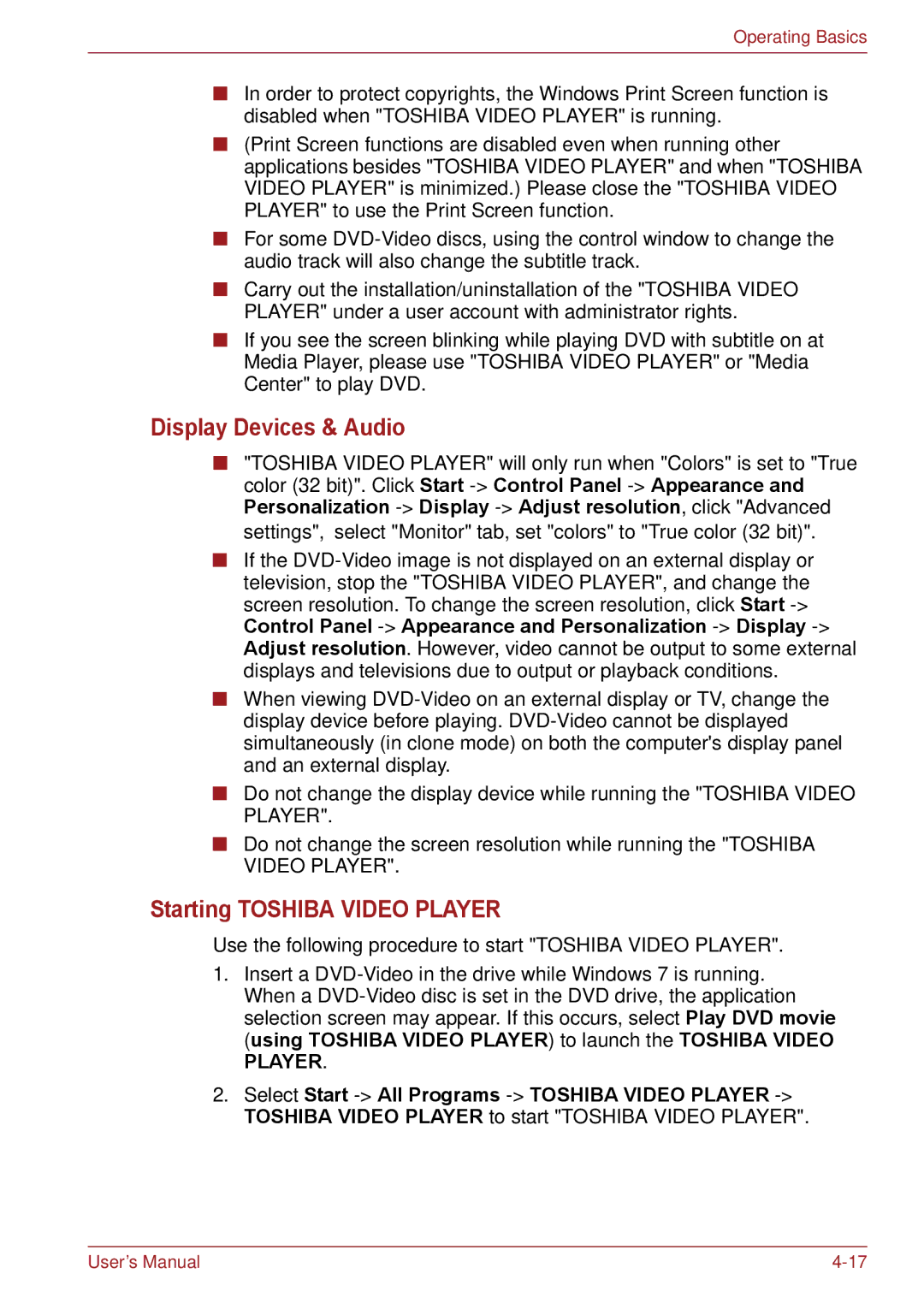 Toshiba C655, C650, C66 user manual Display Devices & Audio, Starting Toshiba Video Player 