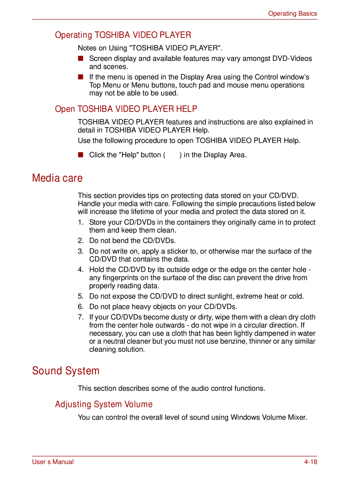 Toshiba C650, C655, C66 user manual Media care, Sound System, Operating Toshiba Video Player, Open Toshiba Video Player Help 