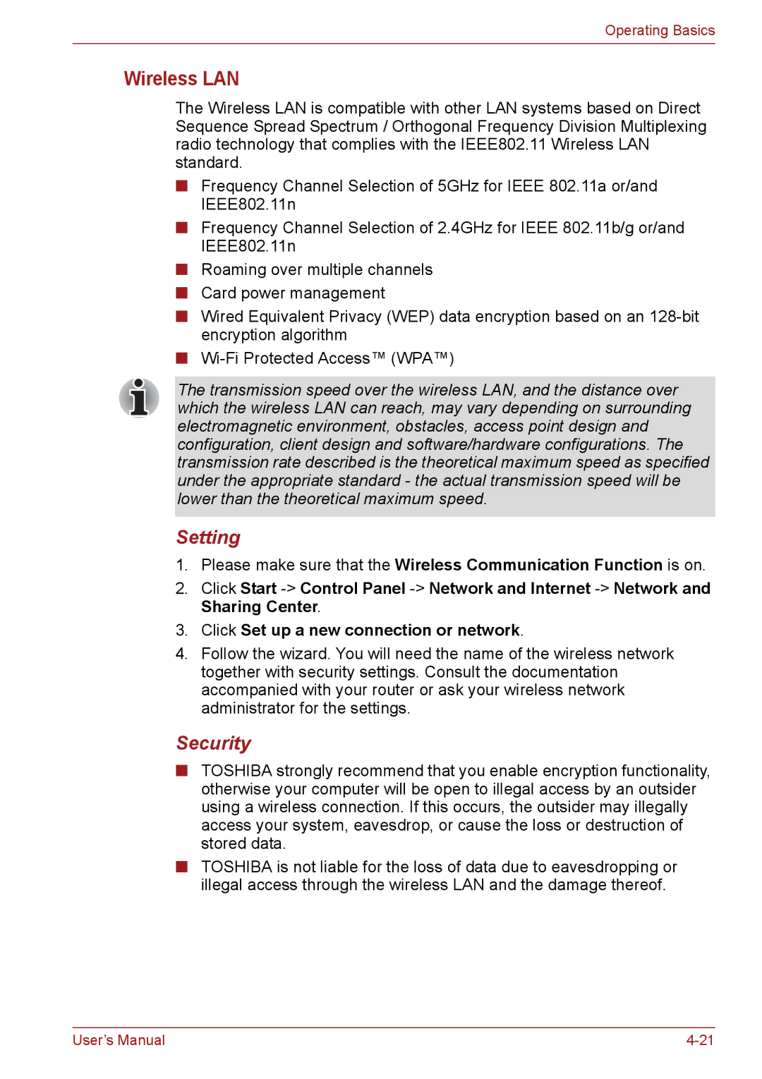 Toshiba C650, C655, C66 user manual Wireless LAN, Setting, Security 